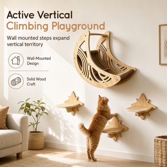⏳Limited-Time 50% OFF🐱Wall Mounted Wooden Cat Climbing Set, Solid Wood Cat Perch With 3 Jumping Steps, Moon Hammock & Sisal Mat✨