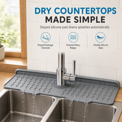 💧 Food Grade Silicone Faucet Splash Guard Mat – Cuttable & Thickened, Sloped Draining Pad | No More Splash or Wet Countertops