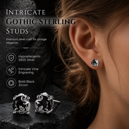 ✨️Dark Elegance: Gothic Vine Stud Earrings – Silver Tone & Black Cubic Zirconia