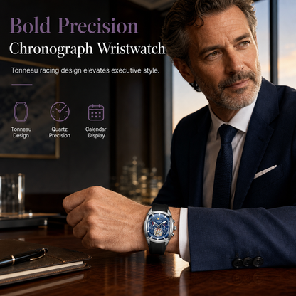 ⌚ Men's Tonneau Quartz Chronograph Watch – Skeleton Flywheel Dial, Moon Phase Calendar & Silicone Strap, Stylish Men's Wristwatch