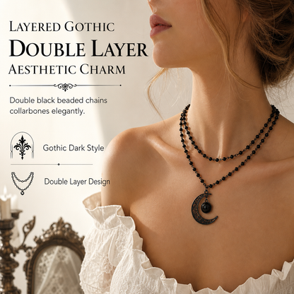 🌙 LIMITED-TIME 50% OFF! 🖤 Gothic Dark Crystal Beaded Chain Necklace – Hollow Out Moon Alloy Pendant, Dark Aesthetic Jewelry for Daily & Party Wear 📿
