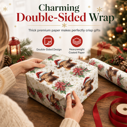 ⏳Holiday Offers🎄Christmas Highland Cow & Floral Gift Wrapping Paper Roll – 43x500cm Holiday Present Wrap for Christmas Gifts, Parties & Crafting ✨