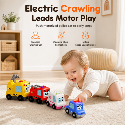 🔥50% OFF 🚗4-Piece Magnetic Electric Toy Car Set – Sound & Light Cartoon Stacking & Crawling Cars for Babies & Toddlers✨
