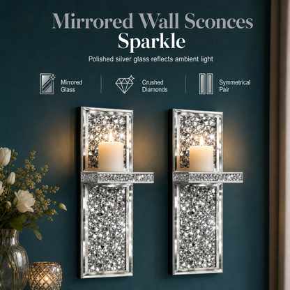 ⏳ Limited-Time Offer! 🕯️ Set of 2 Silver Mirrored Candle Holders – Acrylic Crushed Diamonds Add Sparkling Elegance to Living & Dining Rooms ✨