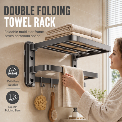 ⏳ Limited-Time Offer! 🧺 Double Folding Towel Rack – Suction Mount, Rustproof & Space-Saving, Keep Bathrooms Tidy with No Drilling 🛁✨