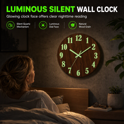 🔥Limited-Time Offer🕰️12-Inch Silent Wooden Wall Clock – Luminous Glow & MDF Wood Grain✨