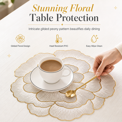 ⏳ Limited-Time Offer! ⏰ Nordic Style Metallic Peony PVC Placemat – Heat-Resistant, Non-Slip & Waterproof 🍽️💛🌹  广告内容：