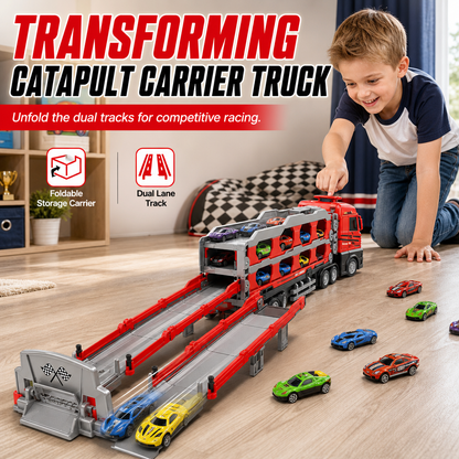 🚚 50% OFF !!🏗️Transforming Carrier Truck Toy – 207cm Catapult Race Track & Mini Alloy Vehicles, Build, Launch & Race Into Big Adventures