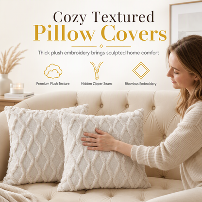 ⏳HOT SALE- 50%OFF!!🛋️Soft Plush Cushion Cover – Embroidered Geometric Diamond Pattern, Add Minimalist Cosy Charm to Sofa & Bed ✨