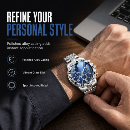 ✨JUST ￡11.99!!!⌚ Men's Steel Band Quartz Watch – Blue Glass Three-Eye Dial Luxury Style