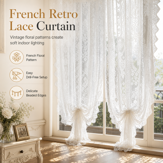 French Vintage Beaded Lace Sheer Curtain Punch Free Hook and Loop Door Curtain Partition for Balcony and Bay Window