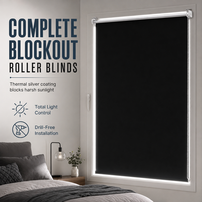 🔥50% OFF!!📢🌑 Total Blackout Roller Blinds – UV Protection & Seamless Edges, 130cm Black