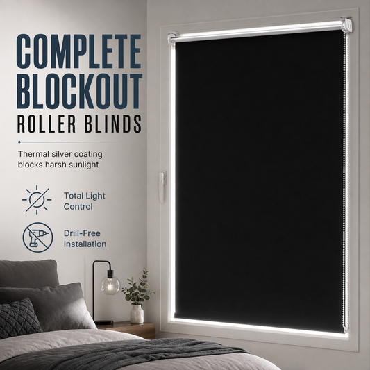 🔥50% OFF!!📢🌑 Total Blackout Roller Blinds – UV Protection & Seamless Edges, 130cm Black