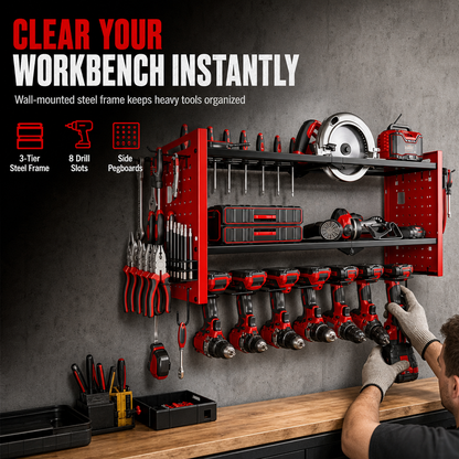 🛠️50% OFF NOW!📢🔩 Wall-Mounted Power Tool Organiser – Heavy-Gauge Steel Garage Storage 💪✨