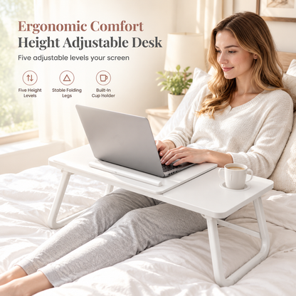 🔥50% OFF!!📢💻 Adjustable Laptop Bed Table with Cup Holder – 5 Height Levels & Folding Design, Study or Work Comfortably in Bed, on the Sofa or in a Dorm ✨