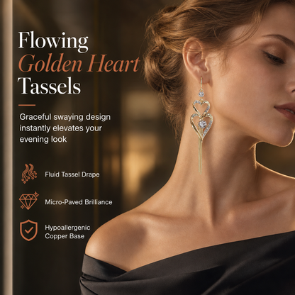 🔥50% OFF!!📢🌸 Elegant Gold Double-Layer Heart Tassel Drop Earrings with Rhinestones – Sparkling Romance for Everyday & Occasion Wear 💎✨