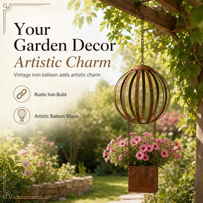 🔥50% OFF!!📢🎈 Hanging Iron Hot Air Balloon Planter – Distressed Metal Flower Pot for Garden & Courtyard Charm 🌿✨
