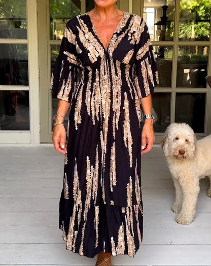 Mother's Day Hot Sale 🔥Casual Print V-Neck Waist Wrap Long Dress