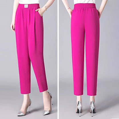 Women's Solid Elastic High Waist Tapered Pants