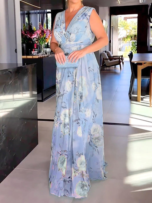 V-Neck Floral Print Elegant Sleeveless Dress (Lined)