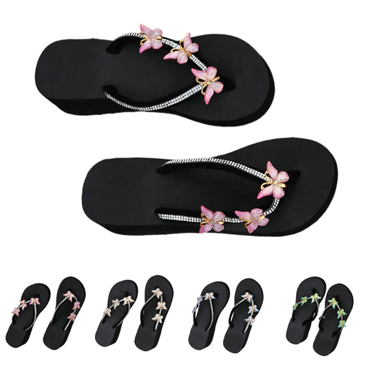 Women's Wedge Flip-flops Butterfly Rhinestone Clip Toe Slides