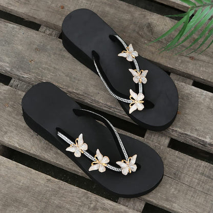 Women's Wedge Flip-flops Butterfly Rhinestone Clip Toe Slides