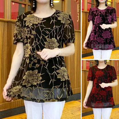 2024 fashionable floral chiffon shirt with embroidered flowers