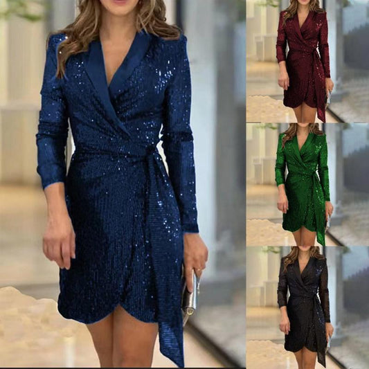 🔥Best Gift for Her🎁Fashion Sexy Sequined Solid Color Waisted Dress for Lady