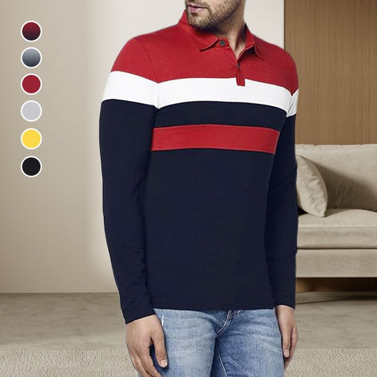 Men's Casual Lapel Stripe Color-block Long Sleeve T-shirt